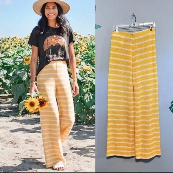 Zara Pants - Zara Striped Yellow & White High Waisted‎ Knit Wide-Leg Rustic Trousers Pants M